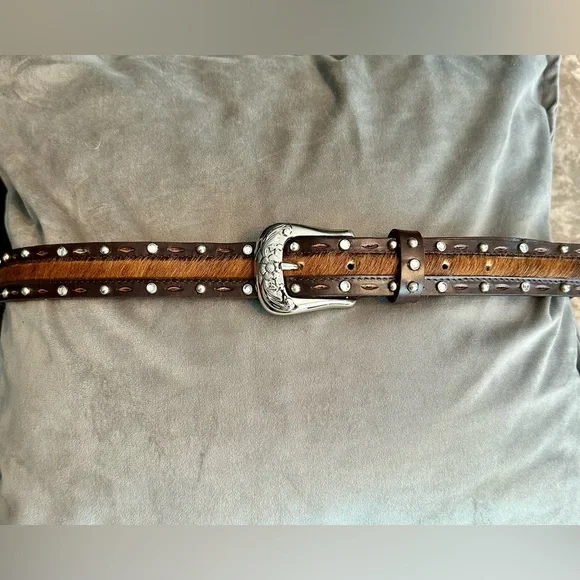 Genuine Leather Hair Studded Western Belt - Womens Large - Brown Silver Tone - Picture 2 of 3